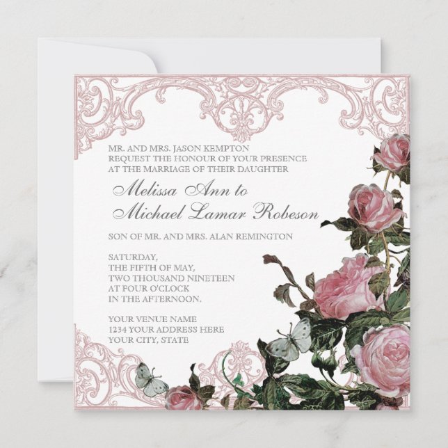 Floral Wedding Invitation - Trellis Rose Vintage (Front)