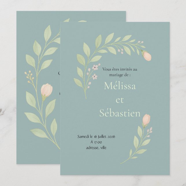 Floral wedding invitation, wildflowers invitation (Front/Back)