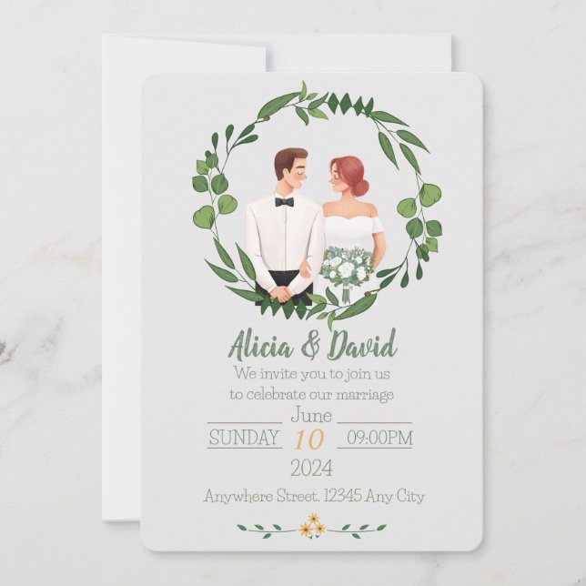 Floral Wedding Invitation with Bride and Groom (Front)