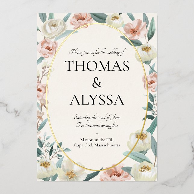 Floral Wedding Invitation with foil detail Foil Invitation (Front)