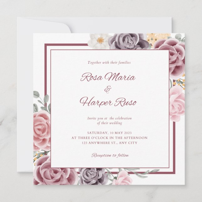 Floral Wedding Invitation With Photo In The Back (Front)
