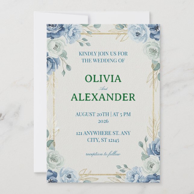 Floral Wedding Invitations Classy Blue (Front)