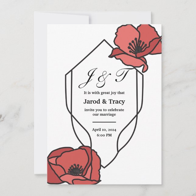 Floral Wedding Invitations Red and Pink Poppies (Front)