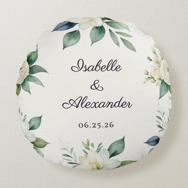 Floral Wedding Keepsake Elegant Decor Personalized Round Pillow (Front)