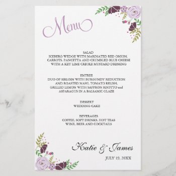 Floral Wedding Menu | Purple by OrangeOstrichDesigns at Zazzle