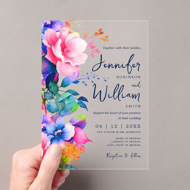 Floral Wedding Modern Script Typography Rainbow  Acrylic Invitations (Insitu (Handheld))