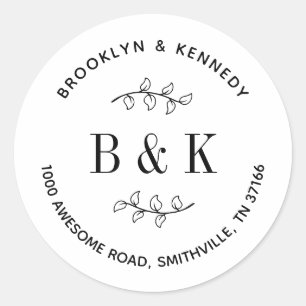 Floral Wedding Monogram Couple Name Return Address Classic Round Sticker