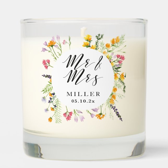 Floral Wedding Mr & Mrs Monogram Candle Favor (Front)
