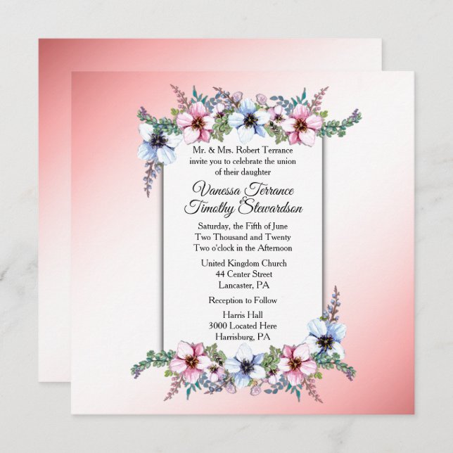 Floral Wedding Pink Invitation (Front/Back)