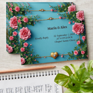 🌹 Floral Wedding Pink Roses On Blue 💐 Envelope