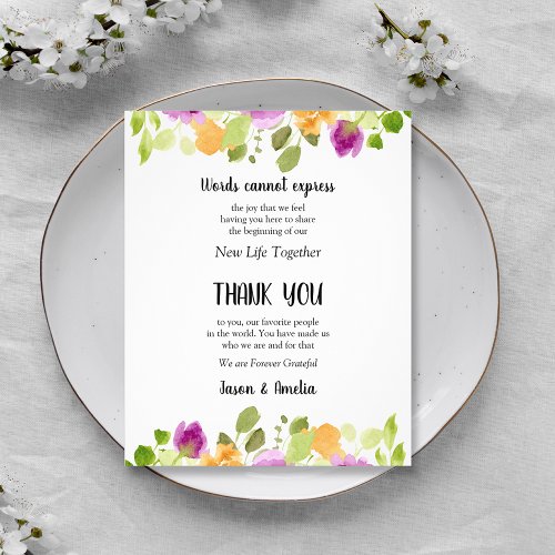 Floral Wedding Place Setting Thank You Flyer