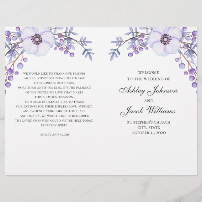 Floral wedding program folded. Purple flowers (Front)
