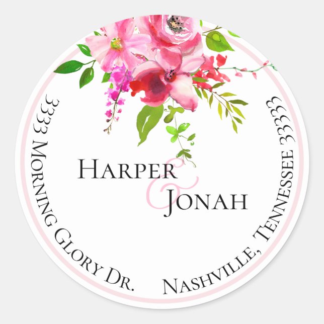 Floral Wedding Return Address Wedding Classic Round Sticker (Front)