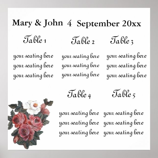 Floral Wedding "Roses" seating chart. Poster (Front)