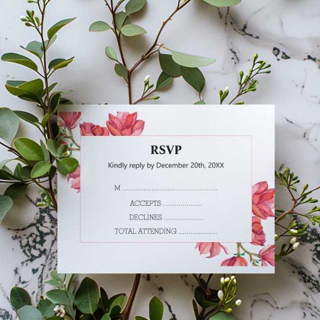 Floral Wedding RSVP Pink Magnolia White Card (Creator Uploaded)