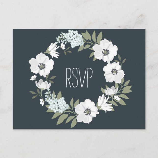 Floral Wedding RSVP Postcard With White Wreath (Front)