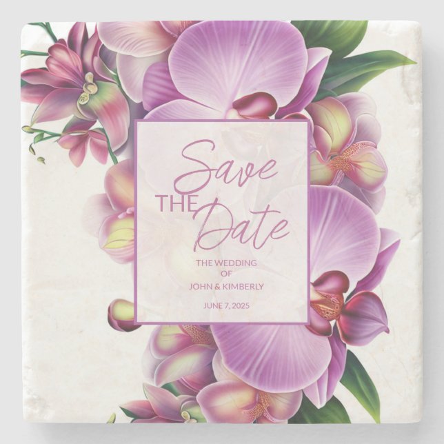 Floral Wedding Save the Date Stone Coaster (Front)