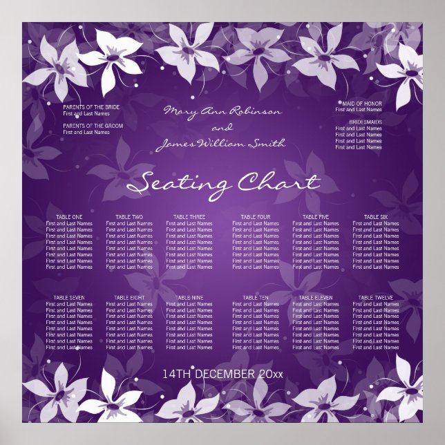 Floral Wedding Seating Chart Exotic Blooms Purple (Front)