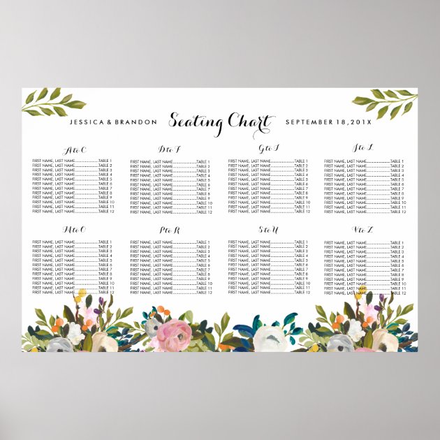 Floral Wedding Seating Chart Poster Alphabetical