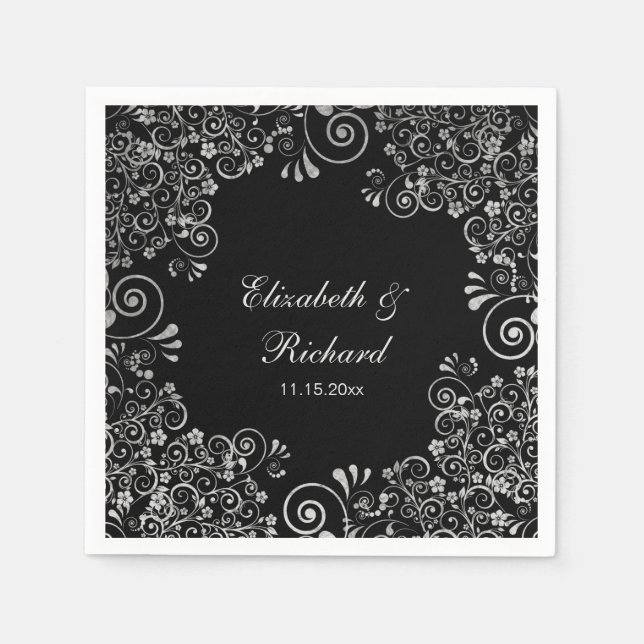 Floral Wedding Silver and Black reception Napkins (Front)
