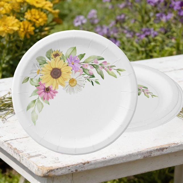 Floral Wedding Sunflower Daisy Wildflower Garden  Paper Plates (Creator Uploaded)