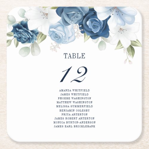 Floral Wedding Table Number 12 Seating Chart Square Paper Coaster
