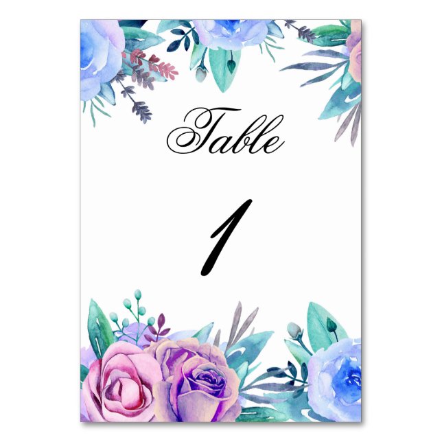 Floral Wedding Table Number. Blue Purple Flowers Number (Front)