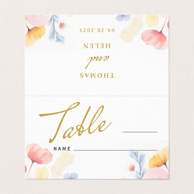 Floral Wedding Table Number Place Folded Card (Outside Unfolded)