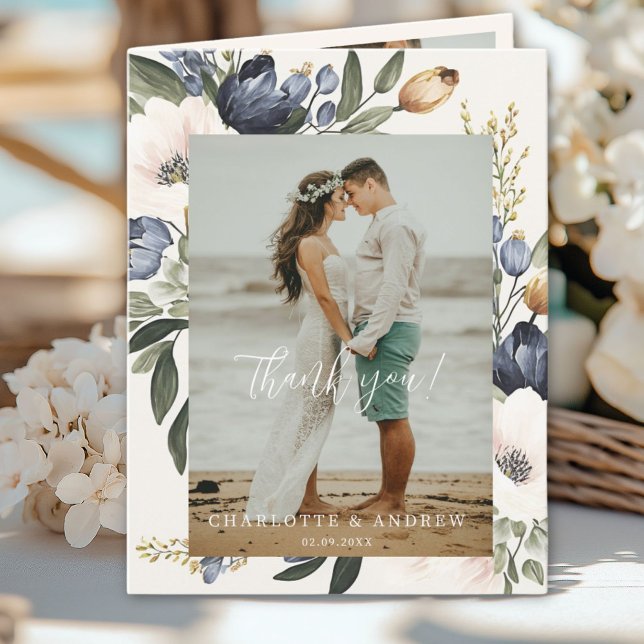 Floral Wedding Thank You 3 Photos Card (Floral Wedding Thank You 3 Photos)