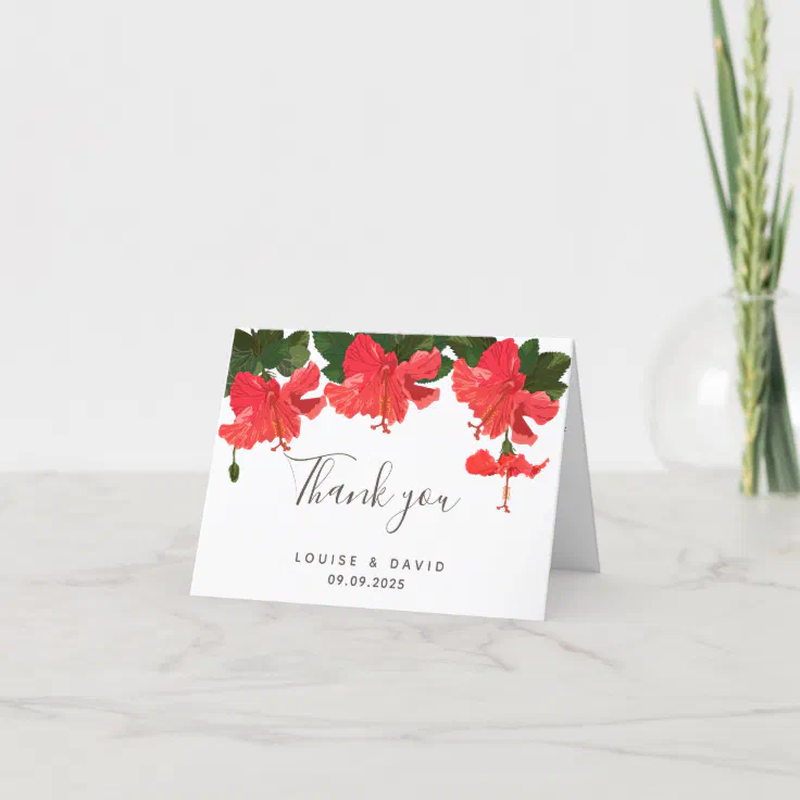 Floral Wedding Thank You Card With Red Hibiscus Zazzle 6789