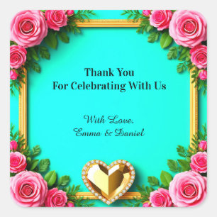 🌹 Floral Wedding Theme On Turquoise 💐 Square Sticker