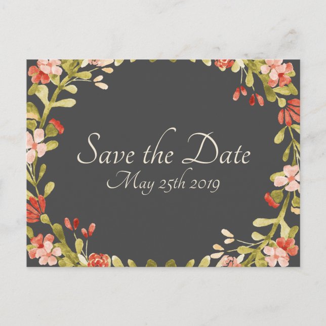 Floral Wedding Vows Save The Date Postcard Dk Gray (Front)