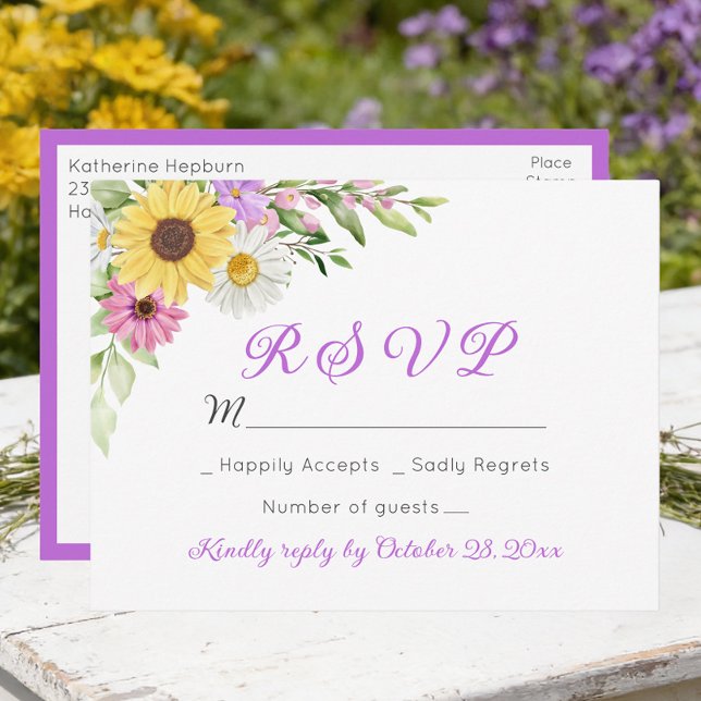Floral Wedding Wildflower Sunflower Daisy RSVP Postcard (Creator Uploaded)