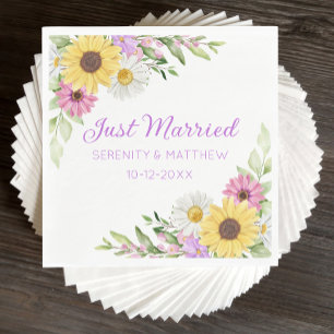 Floral Wedding Wildflower Sunflower Just Married Napkins