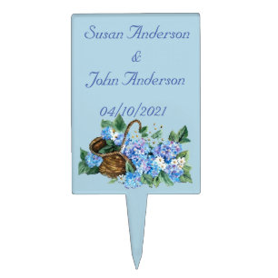Floral wedding with hydrangeas in basket cake topper