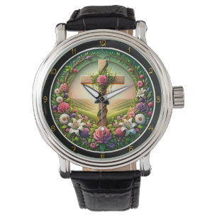 Floral Welcome Cross Garden Clock Watch