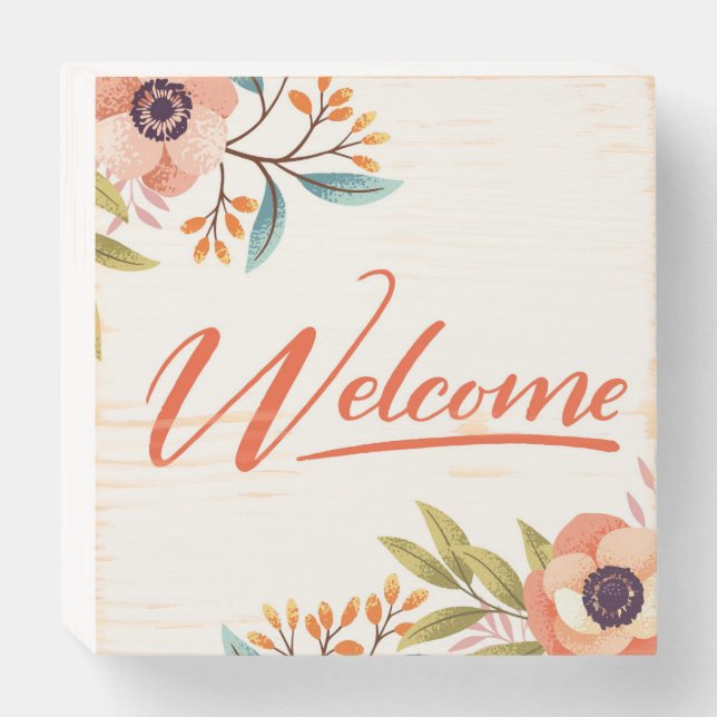 Floral Welcome Greeting Wooden Box Sign (Front Horizontal)