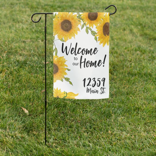 Floral Welcome Home Sunflowers Custom Address Garden Flag (In SItu)