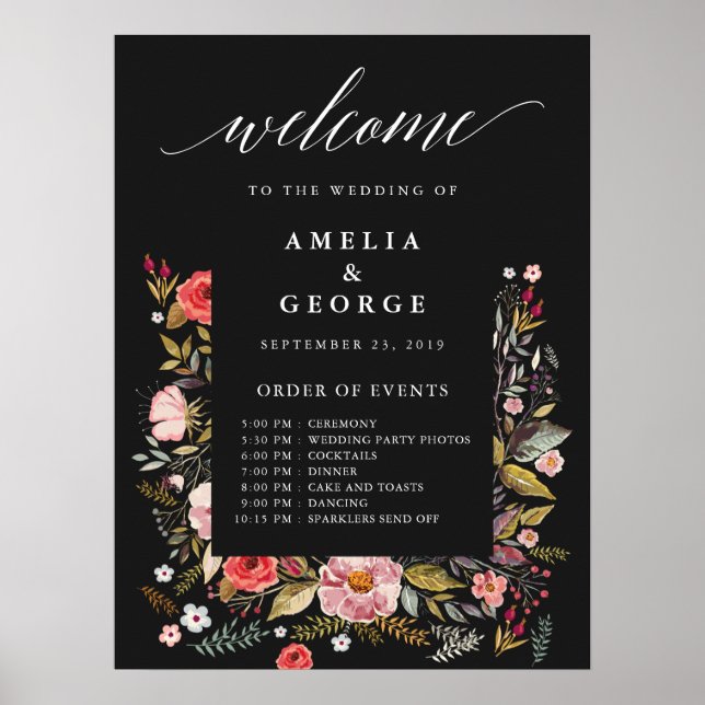 Floral welcome order of events wedding sign (Front)