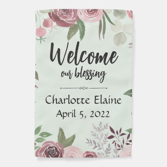 Floral Welcome Our Blessing Birth Announcement  Garden Flag (Front)