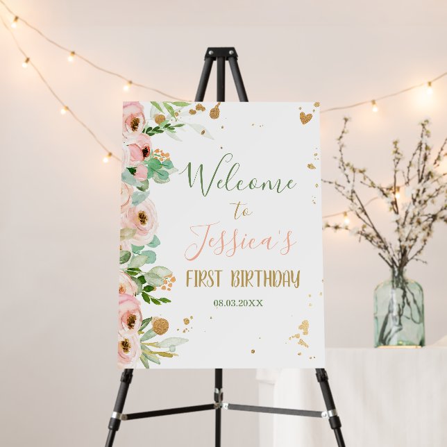 Floral Welcome Sign Miss Onederful Peach Pink Girl (In Situ (Stand))