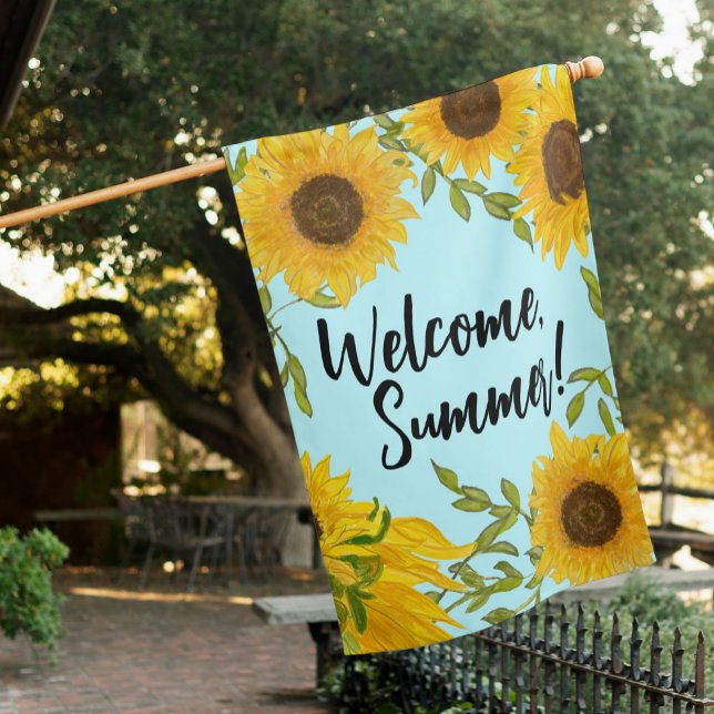 Floral Welcome Summer Sunflowers Outdoor Custom House Flag (Creator Uploaded)