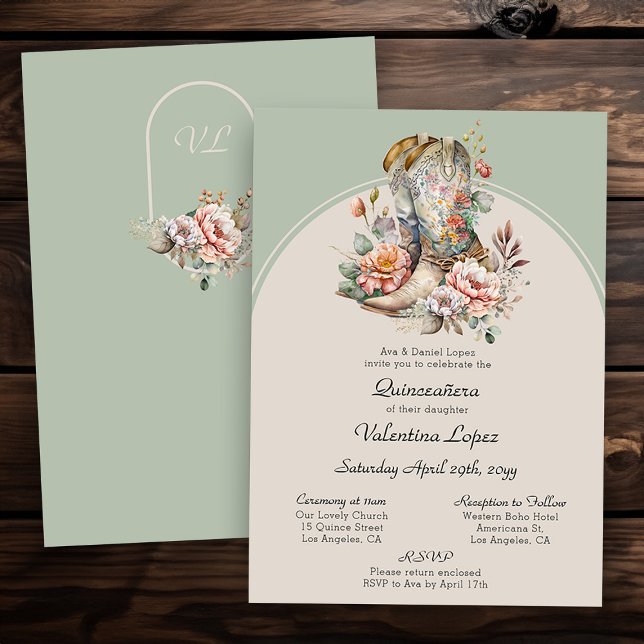 Floral Western Boots Rustic Boho Quinceanera Invitation (Mass and Reception quince invitation from my Boho Floral Cowgirl Boots Quinceanera Collection)