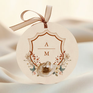 Floral Western Crest Monogram Wedding Classic Round Sticker