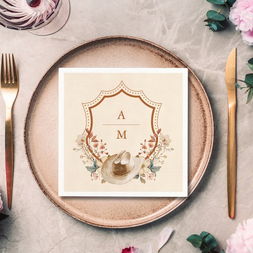 Floral Western Crest Monogram Wedding  Napkins