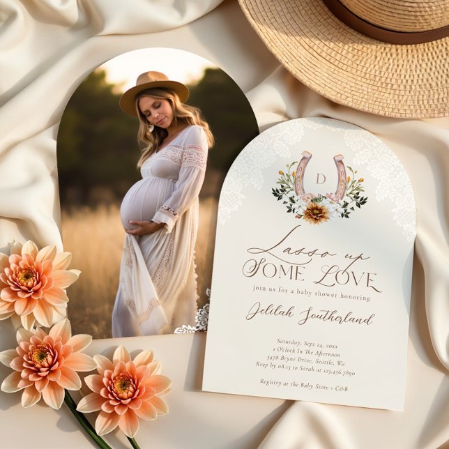 Floral Western Horseshoe Photo Arch Baby Shower Invitation (Lasso Love Floral Western Horseshoe Photo Arch Invitation)