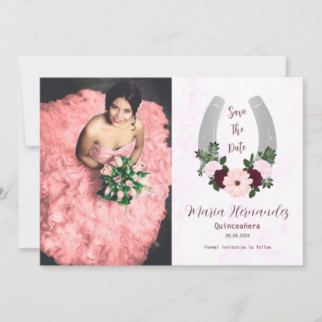 Floral Western Horseshoe Quinceanera Save The Date (Front)