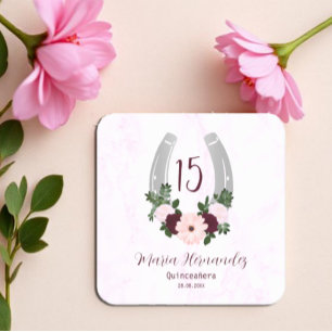 Floral Western Horseshoe Quinceanera Square Paper Coaster