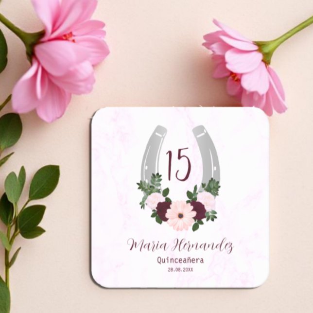 Floral Western Horseshoe Quinceanera Square Paper Coaster (Creator Uploaded)