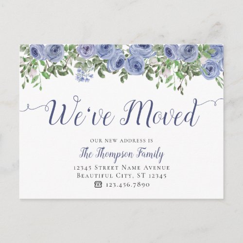 Floral Weve Moved New Address Dusty Blue Moving Announcement Postcard